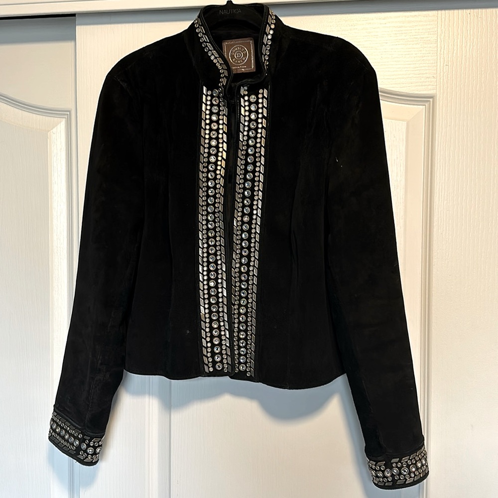 Double D Ranch jeweled and studded leather jacket with mandarin collar